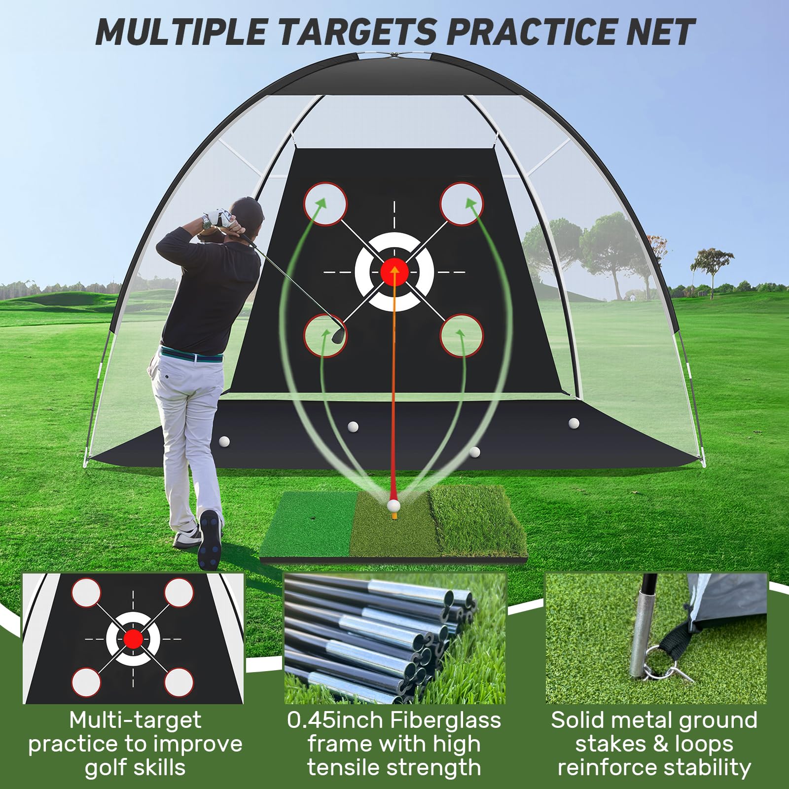 1 0x7ft Outdoor Golf Practice Nets Mat All-in-One Backyard Driving Chipping Swing Training with Archery Target Balls Bag