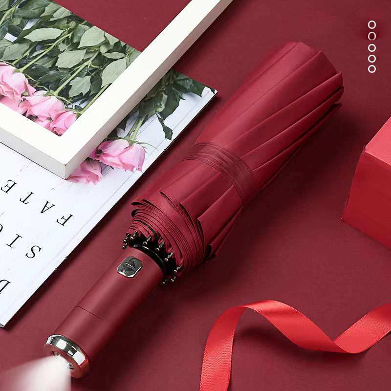 Hot Sale Multi-Color Foldable Automatic Umbrella with Built-in LED Light Handle for Outdoor Activities
